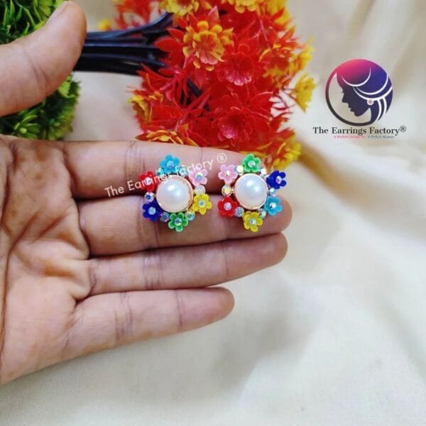 Fancy Colourful Floral Pearl Stud - Image 4