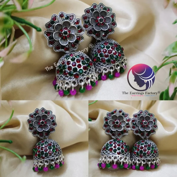 Trending Silver Multi Stone Floral Jhumka