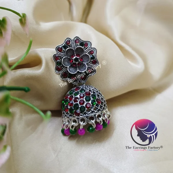 Trending Silver Multi Stone Floral Jhumka - Image 2