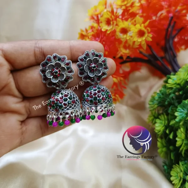 Trending Silver Multi Stone Floral Jhumka - Image 3