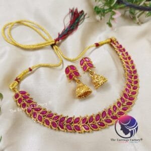 Fancy Golden Dark Pink Stone NeckSet With Earrings