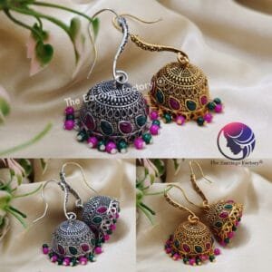 Trending Multi Stone Silver / Golden Hook Jhumka
