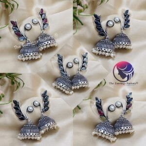 Premium Oxidized Classic Leaf Stone Pearl Silver Jhumka