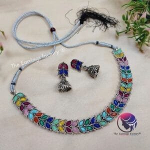 Fancy Oxidized Multi Stone Neckset With Earrings