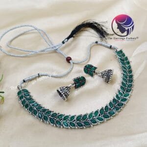 Fancy Silver Dark Green Neckset With Earrings