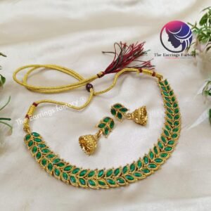 Fancy Golden Dark GreenStone Neckset With Earrings