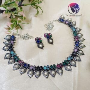 Trending Oxidized  Multi Stone Pearl Silver Neckset With Earrings