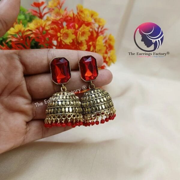 Fancy Golden Crystal Stone Jhumka - Image 3