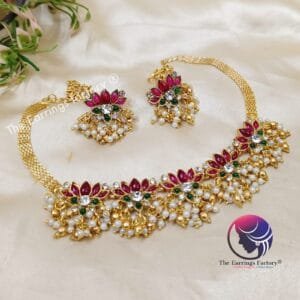 Antique Lotus Multi Stone Neckset With Earrings