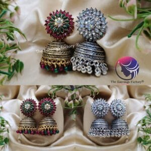 Traditional Silver | Golden Floral Stone Jhumka