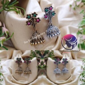 Traditional Golden | Silver  Floral Stone Jhumka