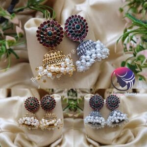 Traditional Silver | Golden Multi Stone  Pearl Beads Jhumka