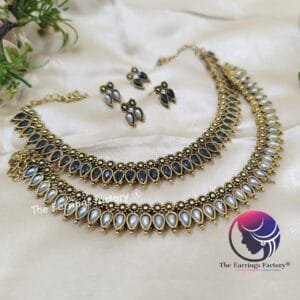 Traditional Golden White Pearl | Black Stone Neckset with Earrings