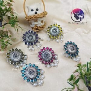 Trending Silver Floral Stone Big Studs Earrings