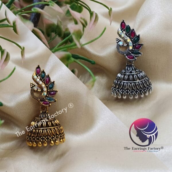 Traditional Golden | Silver Multi Stone Peacock Jhumka - Image 2