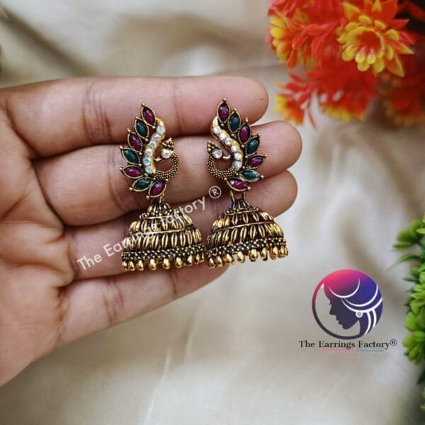 Traditional Golden | Silver Multi Stone Peacock Jhumka - Image 3