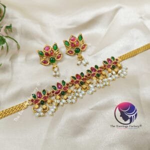 Antique Lotus Multi Stone Chocker With Earrings