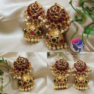 Traditional Antique Pearl Beads Multi Stone Jhumka