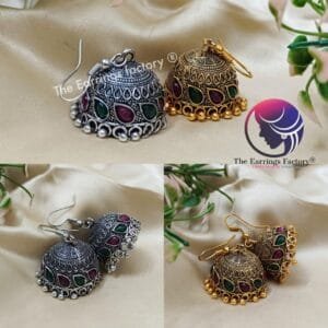 Traditional Multi Stone Silver / Golden Hook Jhumka