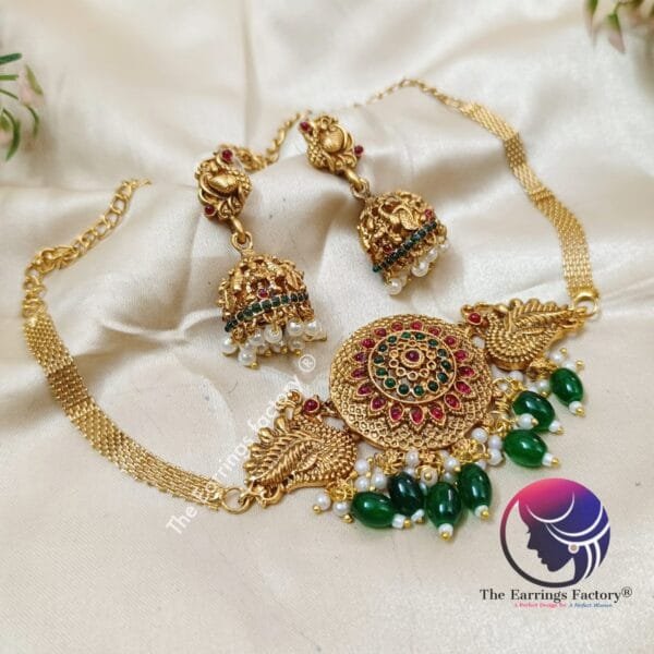 Traditional Antique Multi Stone Peacock Choker Set With Jhumka - Image 2