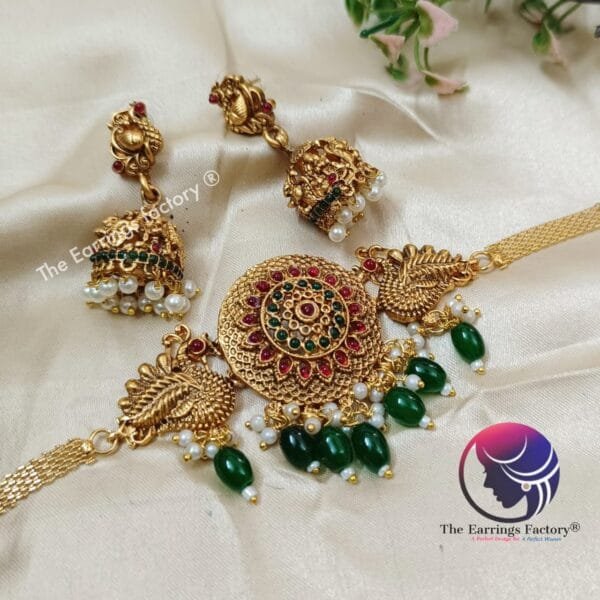 Traditional Antique Multi Stone Peacock Choker Set With Jhumka