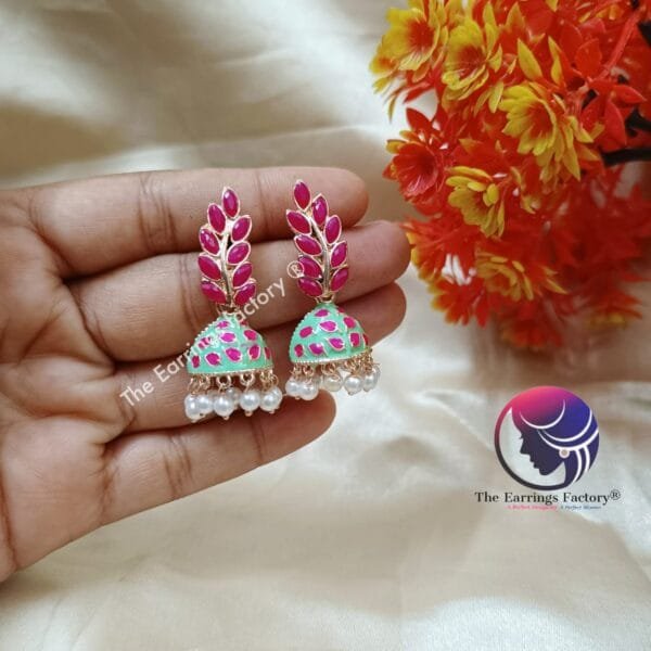 Trending Meenakari Leaf Stone Jhumka - Image 3