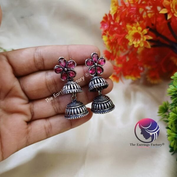 Trending Oxidized Two Layer Floral Stone Jhumka - Image 2