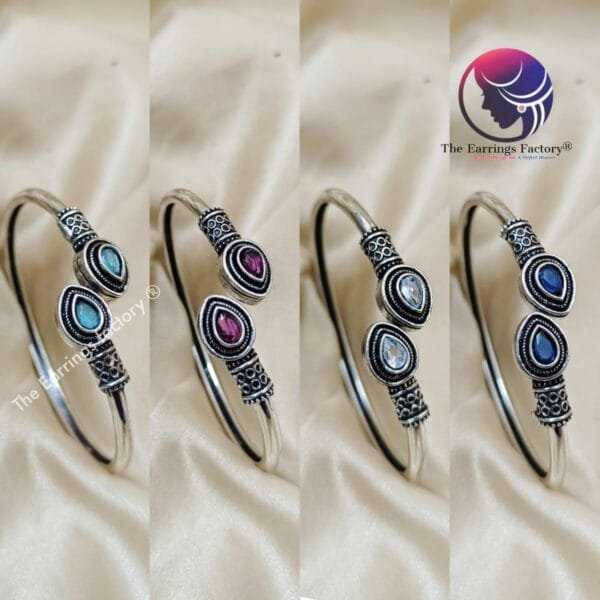 Trending Oxidized Openable Kada Silver Stone Bracelet - Image 2