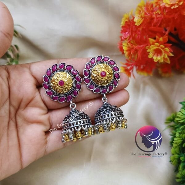 Trending Oxidized Mix Golden Fancy  Stone Jhumka - Image 2