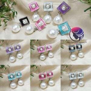Western Silver Colourful Square Shape Pearl Ball drop Fancy Earrings
