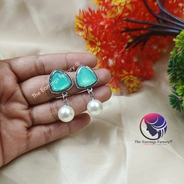 Western Silver Colourful  Pearl Ball drop Fancy Earrings - Image 3