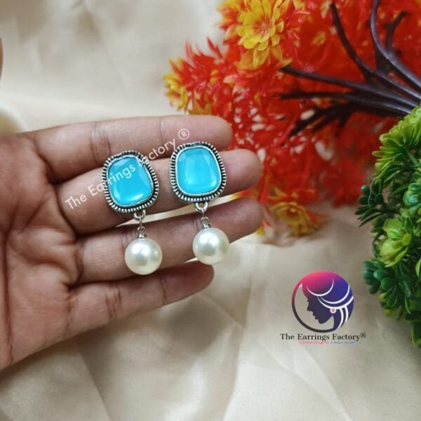 Western Silver Colourful  Pearl Ball drop Fancy Earrings - Image 3