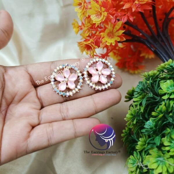 Fancy Rose Gold Blinking Stone Floral Studs - Image 3