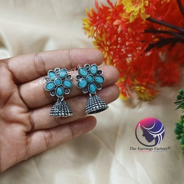 Fancy Silver Floral Stone Jhumka - Image 3