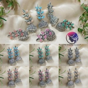 Fancy Silver Leaf Stone Jhumka