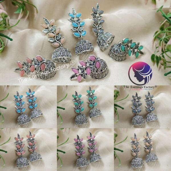 Fancy Silver Leaf Stone Jhumka