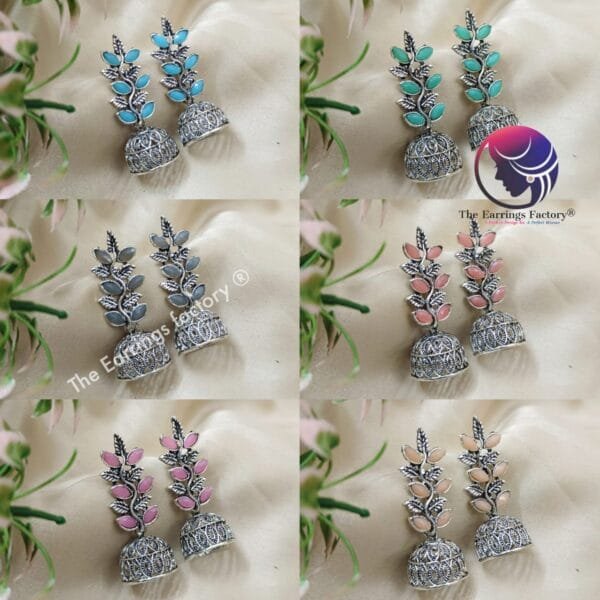 Fancy Silver Leaf Stone Jhumka - Image 2