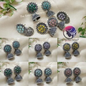 Fancy Silver Floral Stone Jhumka