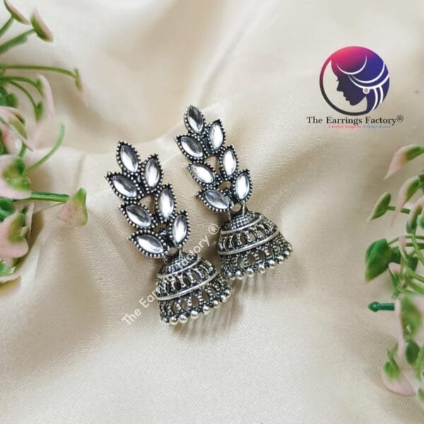 Fancy Silver Leaf Stone Jhumka - Image 4