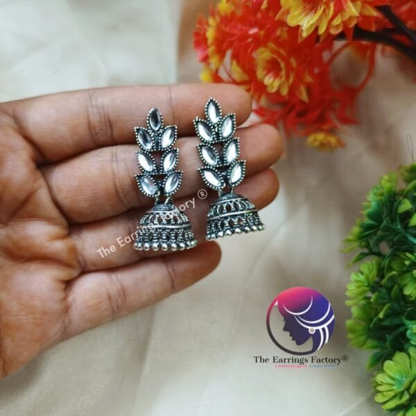 Fancy Silver Leaf Stone Jhumka - Image 2