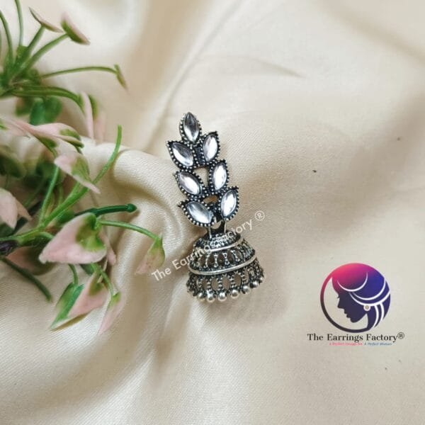 Fancy Silver Leaf Stone Jhumka - Image 3