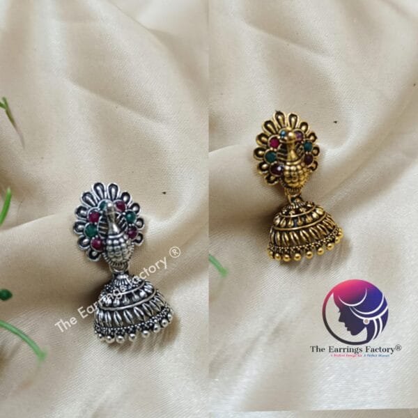 Traditional Golden | Silver Peacock Multi Stone Jhumka - Image 2