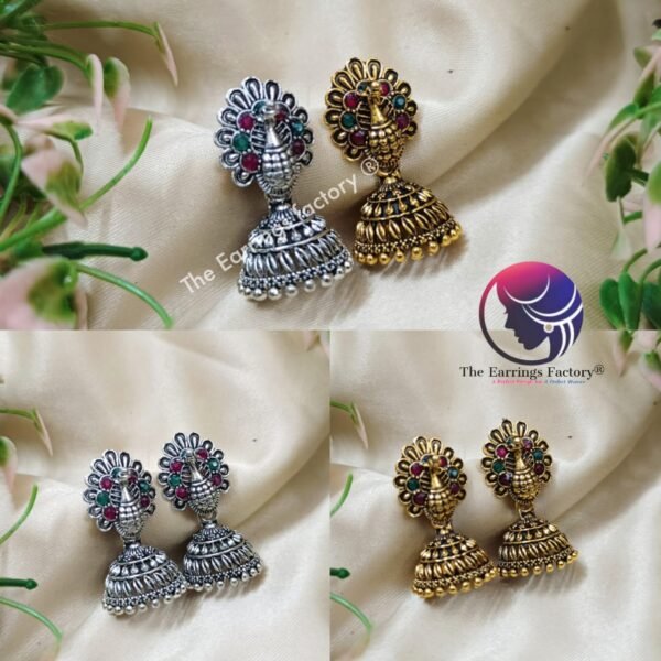 Traditional Golden | Silver Peacock Multi Stone Jhumka