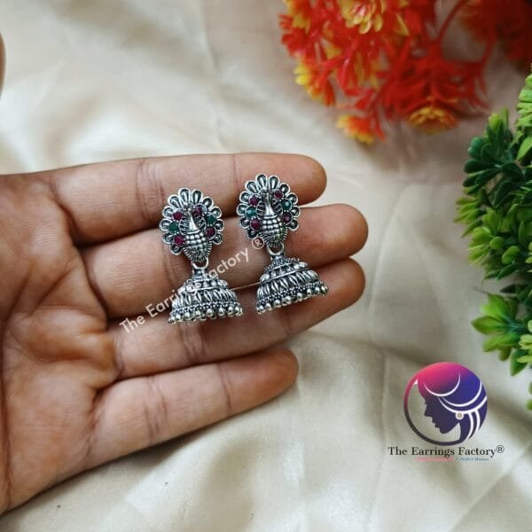 Traditional Golden | Silver Peacock Multi Stone Jhumka - Image 3