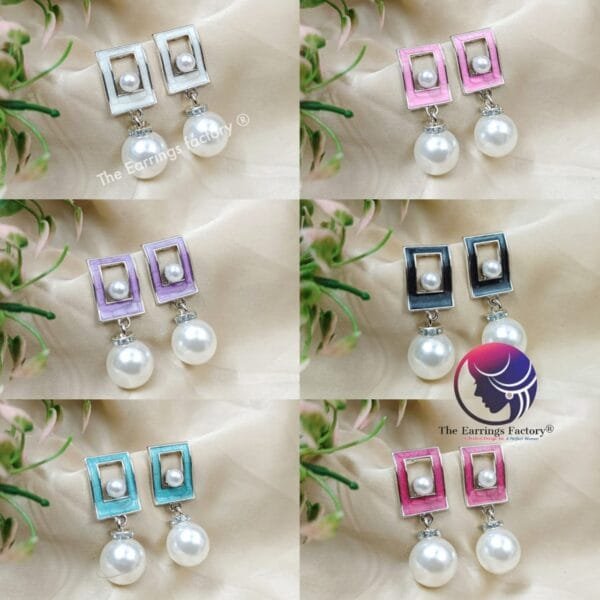 Western Silver Colourful Square Shape Pearl Ball drop Fancy Earrings - Image 2