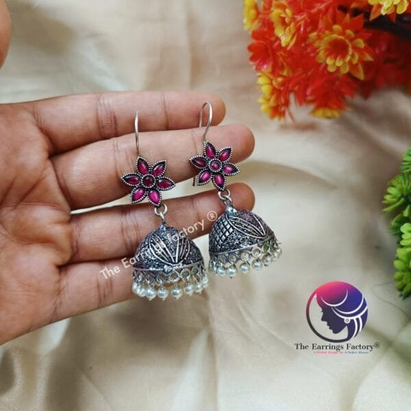 Trending Oxidized Hook Stone Jhumka - Image 2