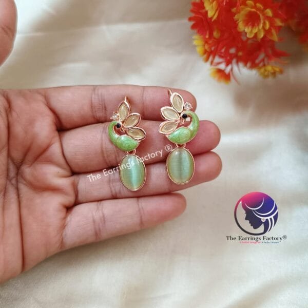 Trending Peacock Meenakari Stone Drop Hook Earrings - Image 3