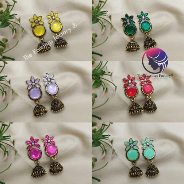 Fancy Golden Colourful Stone Jhumka - Image 2
