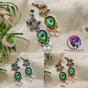 Trending Golden | Silver Deer Peacock Drop Studs Earrings