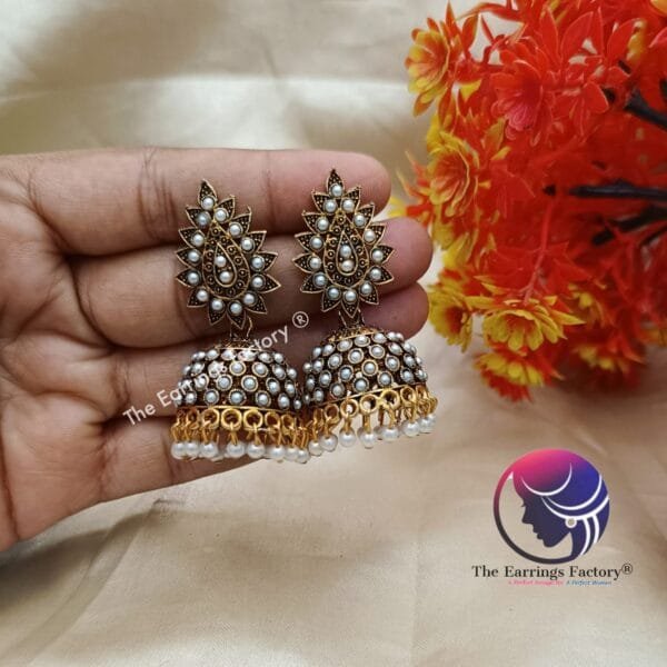 Traditional Golden white Pearl | Stone Jhumka - Image 3